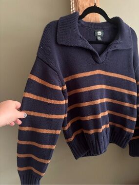 184.) Roots / Organic Cotton / Navy Knit Striped Collared Sweater